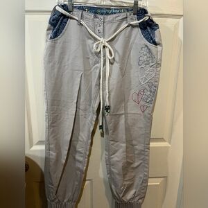 Desigual Gray Jogger Pants with Embroidered Details and Rope Belt